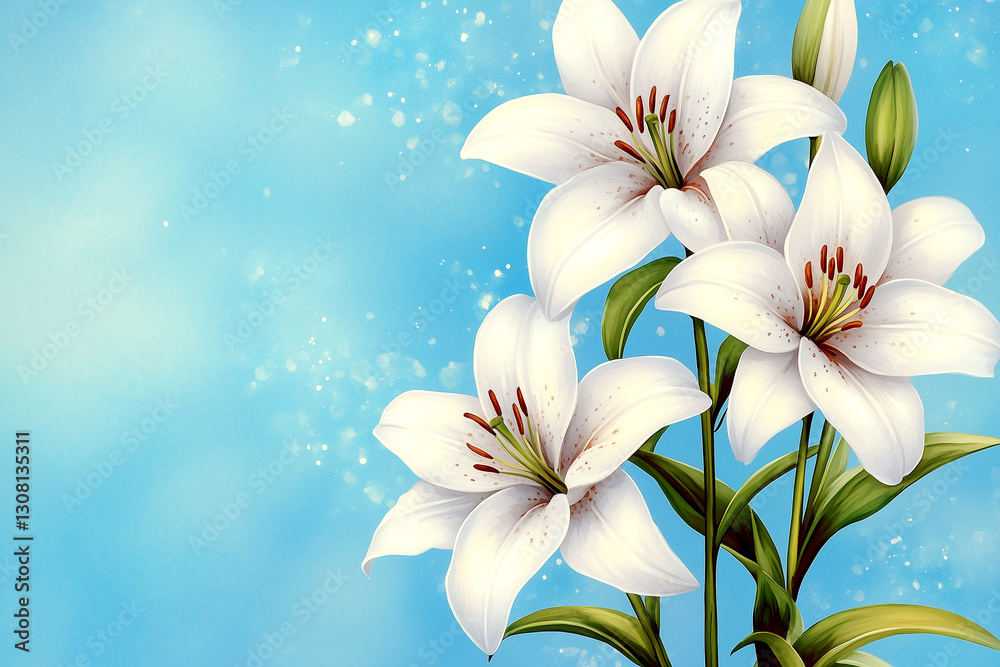 Fototapeta premium Close up of three white flowers with green stems. The flowers are in a vase and the background is blue