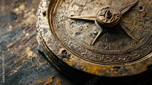 an aged compass with tarnished brass and intricate engravings.