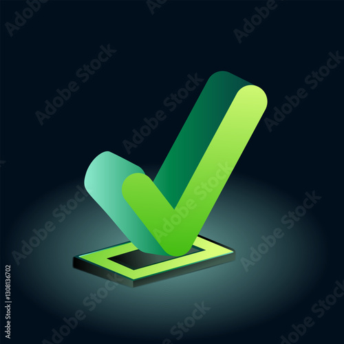 3D Check-mark Icon,  Modern Tick Symbol on Dark Gradient Background