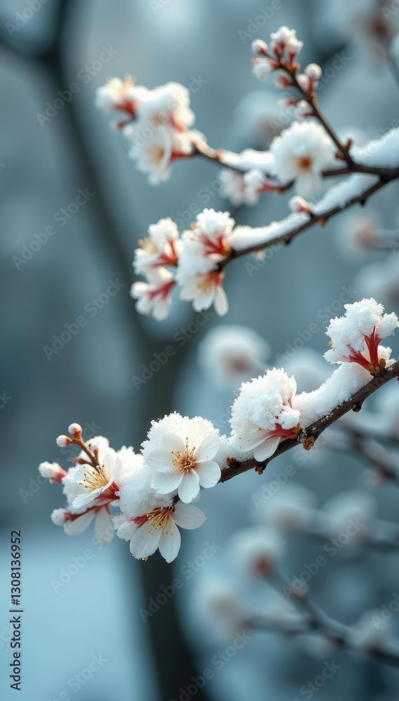 Snow-covered viburnum branches with delicate white buds, tree, green branches, snow covered viburnum Snow-covered viburnum branches with delicate white buds, tree, green branches, snow covered viburnum