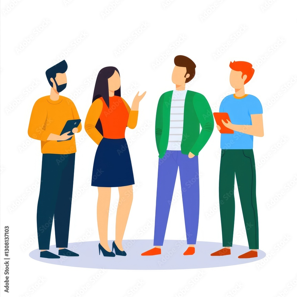 Obraz premium A group of four diverse individuals engaged in conversation, showcasing camaraderie and collaboration in a vibrant, modern setting.