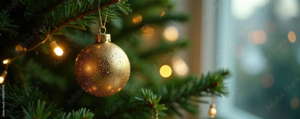 Obraz premium Sparkling golden Christmas ornament hanging from a delicate silver chain on the branch of a majestic Christmas tree adorned with lights and ornaments, chains, festive, delicate