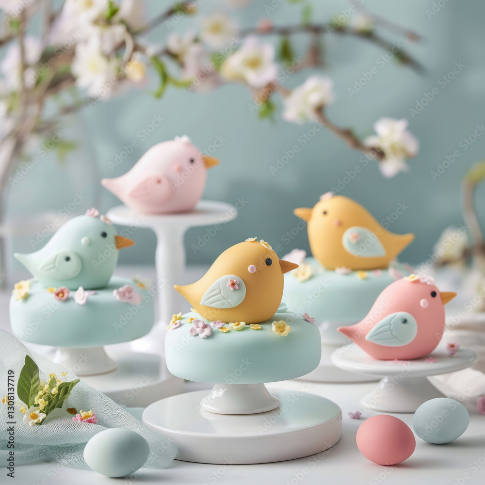 A set of minimalist mini Easter cakes in soft pastel colors, each topped with a delicate bird figurine. The cakes are placed on stylish cake stands, surrounded by spring flowers and decorative eggs.