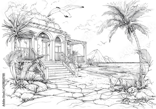 A black-and-white line art coloring book illustration of the exterior view from across an open space, showing a thatched-roof bungalow