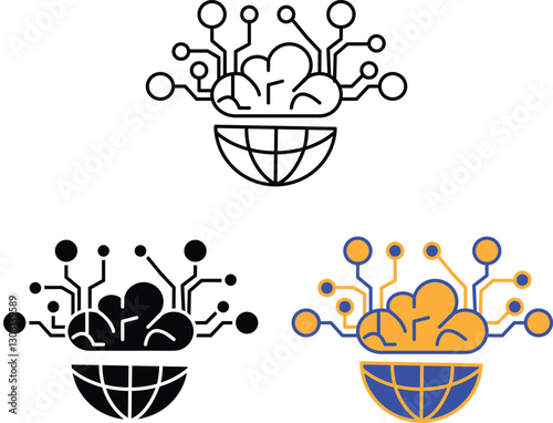 AI Brain Network Icon set– Digital Brain with Neural Connections for Artificial Intelligence, Machine Learning, and Data Processing with Transparent Background.