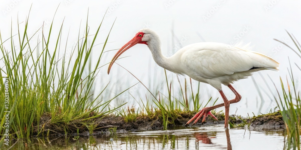 Obraz premium Low Light White Ibis Crab Hunting Marsh Photography - Wildlife Night Scene