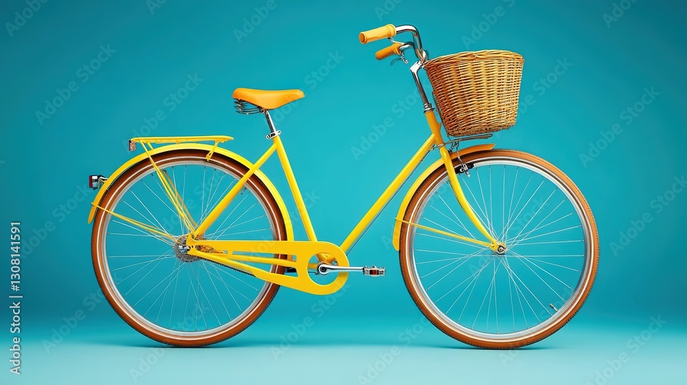 Fototapeta premium Bright Yellow Bicycle with Wicker Basket Against Aqua Background, Charming and Vibrant Vintage Scene