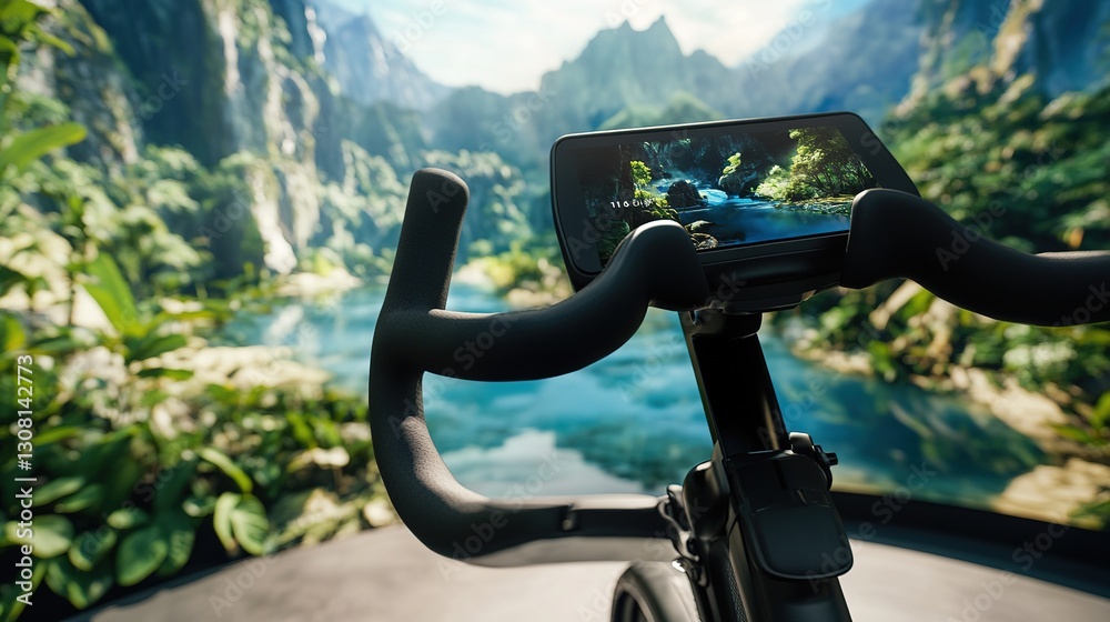 Close-Up of VR Exercise Bike Displaying Scenic Landscape, Surrounded by Greenery, Promoting Immersive Workout Experience