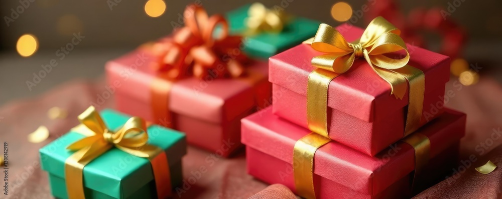 Obraz premium Gold ribbons wrapped around each gift box in a perfect stack, ribbon wrapping, decorative arrangements