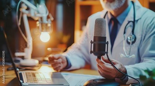 A healthcare professional explaining medical topics into a podcast mic, framed by studio