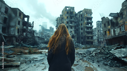 A woman with long hair stands in the middle of a ruined city, facing the destruction with a sense of solitude and despair, surrounded by crumbling buildings and remnants of war