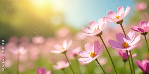 Pastel pink wildflowers swaying in gentle spring breeze, pastel colors, sunshine