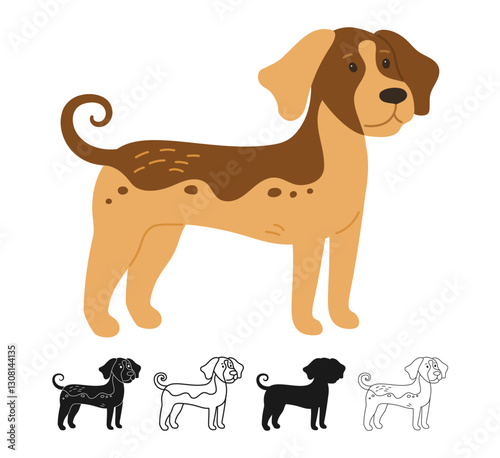 Dog illustration set. Vector illustration of a cartoon dog color, silhouette, outline, black and white and minimal line art. Friendly pet simple design. Sign adorable domestic pedigree animal vector