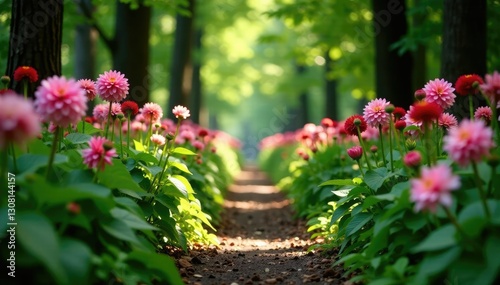 Pathway in forest garden lined with tall dahlia flowers swaying gently in the breeze, foliage, swaying, botanical