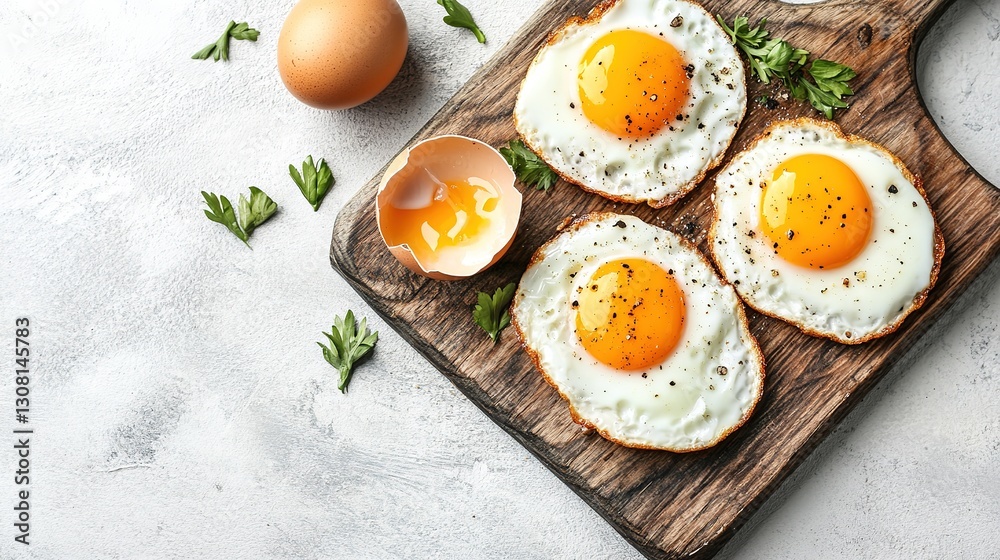 Fried Eggs on a Light Background, Minimalistic and Appealing, Showcasing Bright Yellow Yolks and Glossy Whites in a Clean and Modern Composition, Delicious Breakfast Concept Fried Eggs on a Light Background, Minimalistic and Appealing, Showcasing Bright Yellow Yolks and Glossy Whites in a Clean and Modern Composition, Delicious Breakfast Concept