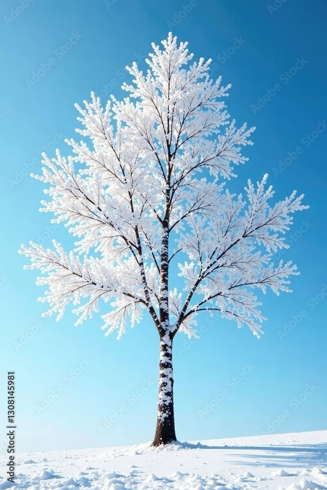 Fototapeta premium Snow-covered silver birch tree against blue sky, cold weather, nature