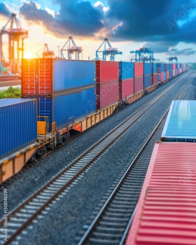A vibrant scene of freight containers on a railway track at sunset, showcasing a busy logistics hub with cranes in the background.