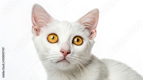 Minimalist White Cat Closeup, Yellow Eyes, Pet Photography, Feline Portrait, Animal Photo