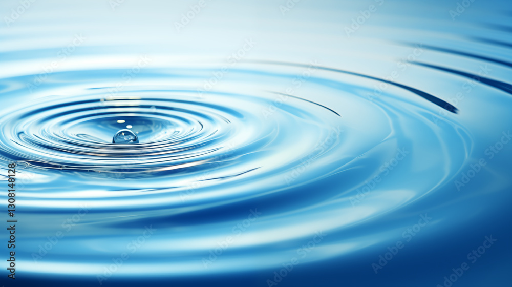 A serene water droplet poised above a surface creating ripples, photographed in a reflective blue setting as a concept of purity and tranquility. A serene water droplet poised above a surface creating ripples, photographed in a reflective blue setting as a concept of purity and tranquility.