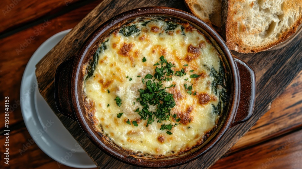 A top-down view of a creamy spinach and cheese bake in a rustic oven dish, with a crispy golden crust and a side of garlic bread on a wooden table. The rich texture enhances its deliciousness. A top-down view of a creamy spinach and cheese bake in a rustic oven dish, with a crispy golden crust and a side of garlic bread on a wooden table. The rich texture enhances its deliciousness.