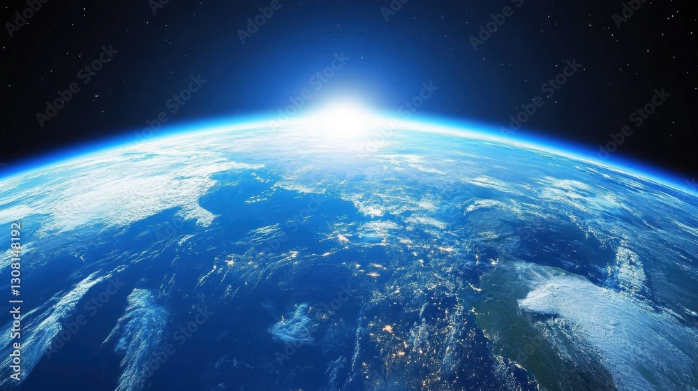 Fototapeta premium Planet Earth seen from space, atmospheric glow highlighting illuminated cities and deep blue oceans