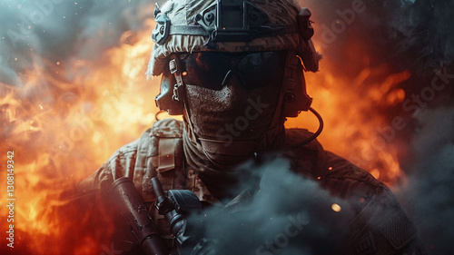 Heavily armed soldier in tactical gear stands amid fire and smoke, wearing a helmet, goggles, and face covering, exuding strength, mystery, and resilience in an intense combat environment