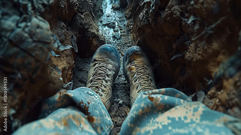 Soldier's muddy boots and camouflage uniform in a narrow trench, surrounded by dirt and debris, symbolizing war, survival, and harsh battlefield conditions Soldier's muddy boots and camouflage uniform in a narrow trench, surrounded by dirt and debris, symbolizing war, survival, and harsh battlefield conditions