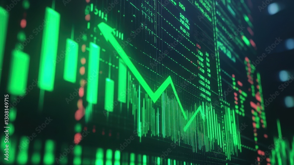 Rising green arrow on a digital financial graph with bar charts and stock market indicators in the background