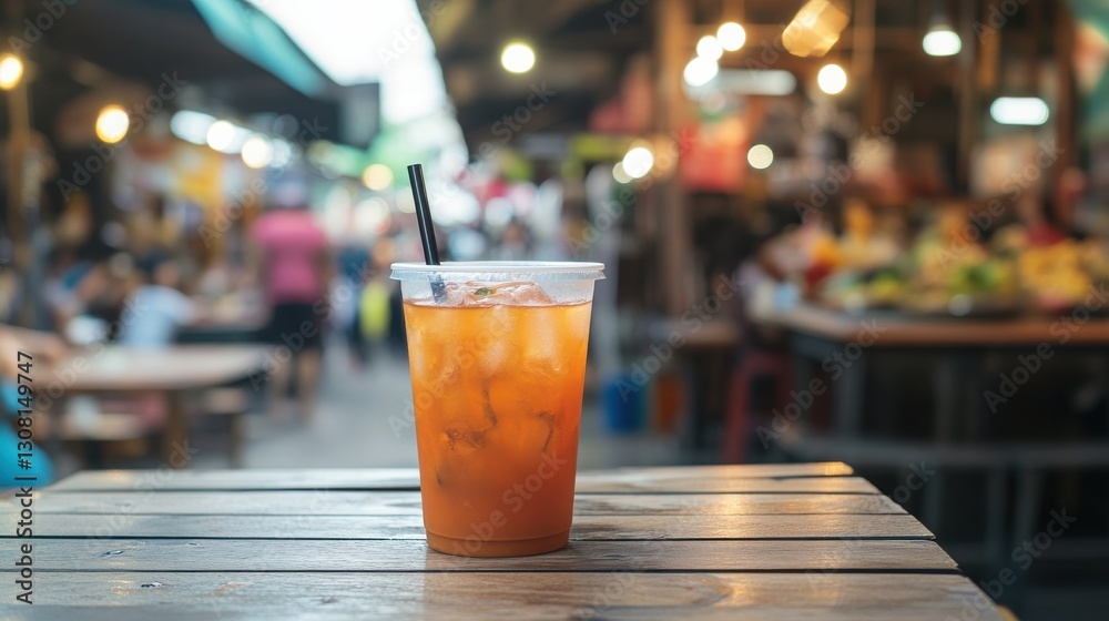 A refreshing Thai iced tea in a plastic cup with a straw, placed on a wooden table with a blurred background of a bustling Thai street food market.