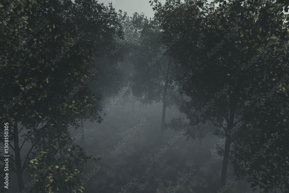 Fototapeta Eerie atmosphere in dark forest shrouded in fog, perfect for mysterious themes