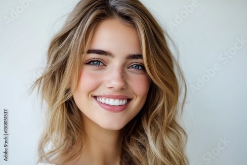 A young woman with long, wavy blonde hair smiles brightly, her clear blue eyes radiating joy and confidence against a soft background, perfect for beauty themes.