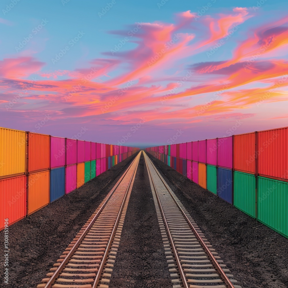 A vibrant sunset illuminates a railway flanked by colorful shipping containers, creating a striking contrast between nature and industry. A vibrant sunset illuminates a railway flanked by colorful shipping containers, creating a striking contrast between nature and industry.