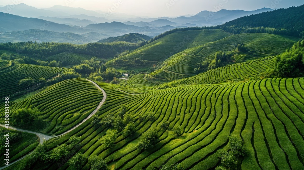 Lush Green Tea Fields with Rolling Hills and Serene Landscape Views