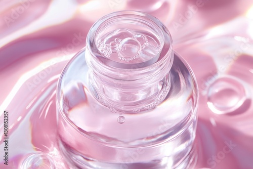 A close-up of a transparent bottle filled with water, featuring bubbles and a glossy surface, against a soft pink background, creating a fresh and clean look for skincare or beauty products.