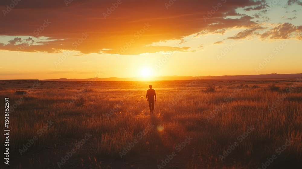 A lone traveler walking through the desert as the sun sets on the horizon. A lone traveler walking through the desert as the sun sets on the horizon.