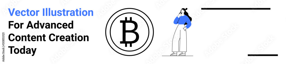 Woman in casual outfit pondering next to Bitcoin logo, surrounded by modern graphic lines. Ideal for cryptocurrency, blockchain, finance, technology, innovation, branding, flat landing page banner Woman in casual outfit pondering next to Bitcoin logo, surrounded by modern graphic lines. Ideal for cryptocurrency, blockchain, finance, technology, innovation, branding, flat landing page banner