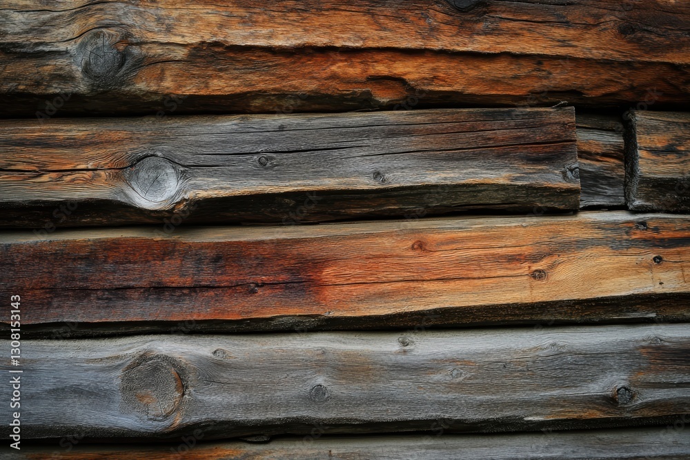 Obraz premium Weathered wooden planks showcase a rich texture and diverse hues, blending browns and grays with a rustic charm. Ideal for backgrounds or themes related to nature, craftsmanship, and home design.