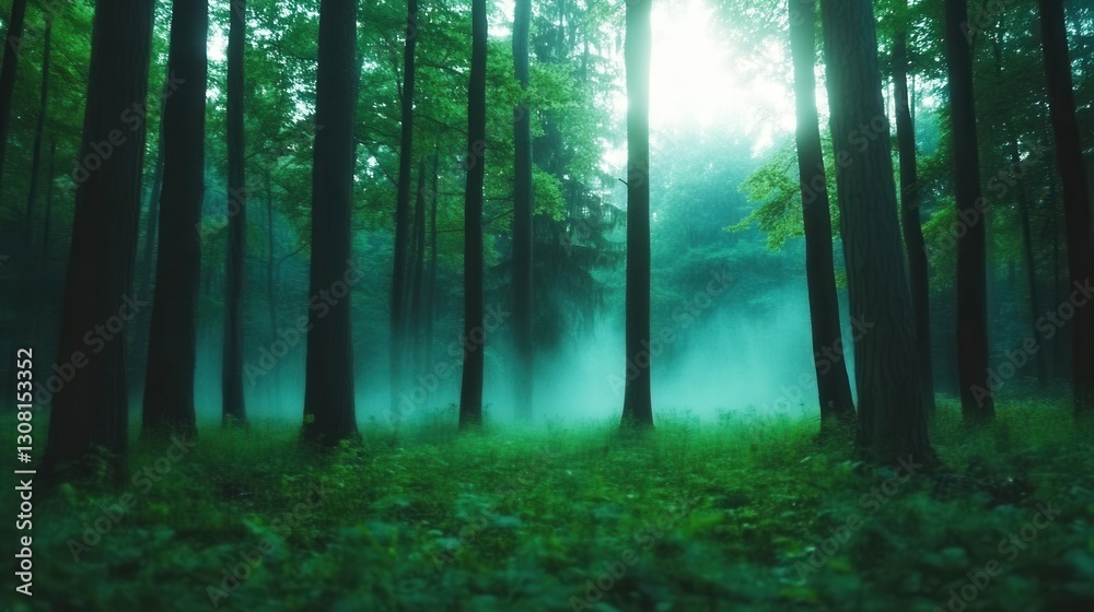 Naklejka premium Sunlit misty forest scene with tall trees and lush green undergrowth.