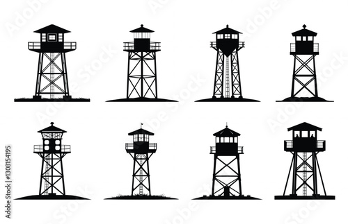 Fire Lookout Tower Silhouette Vector Set, Fire Tower Black Clipart Bundle