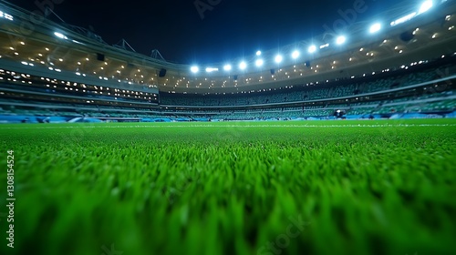 Illuminated Soccer Stadium Interior At Night Presents A Green Field