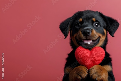 Cute rottweiler canine with critter toy red heart - sign of love, funny greeting card. Commercial concept graphic art. Rottweiler - my cherished dog. Dog valentine gift ideas. Pet love.