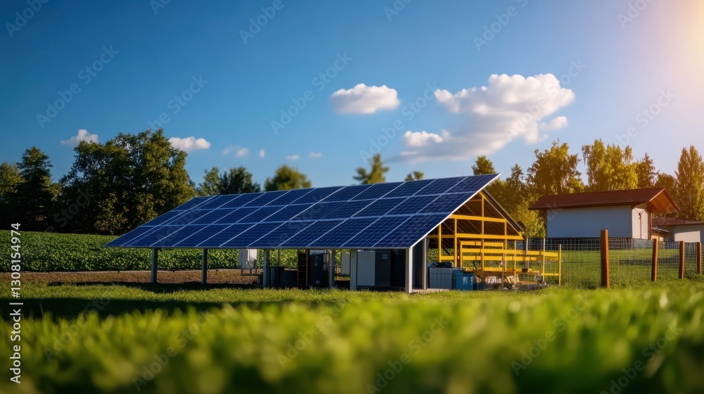 A visual representation illustrating entire process of converting sunlight into renewable energy through solar panels A visual representation illustrating entire process of converting sunlight into renewable energy through solar panels