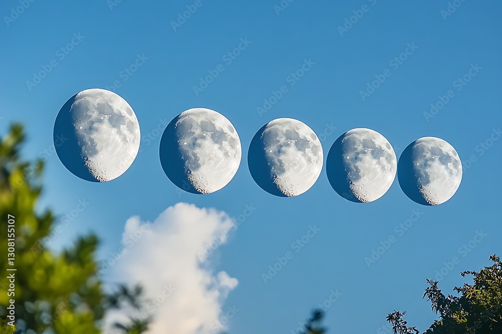 Naklejka premium Progressive lunar cycle in a crisp blue sky, natures celestial dance