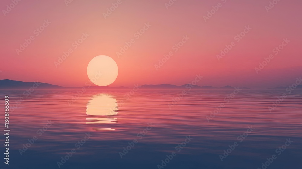 A minimalist landscape featuring a gradient sunset sky over a calm and reflective lake A minimalist landscape featuring a gradient sunset sky over a calm and reflective lake