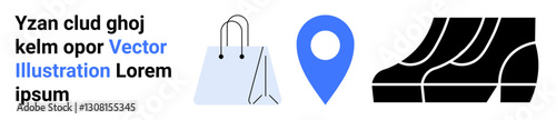 Shopping bag, blue location pin, and black shoes signifying shopping, navigation, and retail trends. Ideal for e-commerce, navigation apps, retail services, fashion marketing technology flat