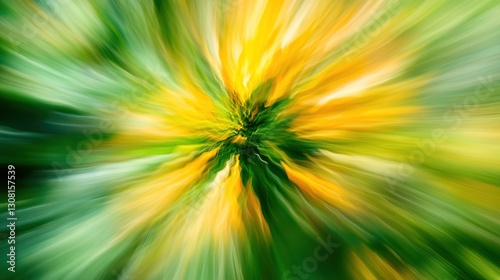 Sunflower with green and yellow petals swaying in the wind against an abstract soft blurred natural background.