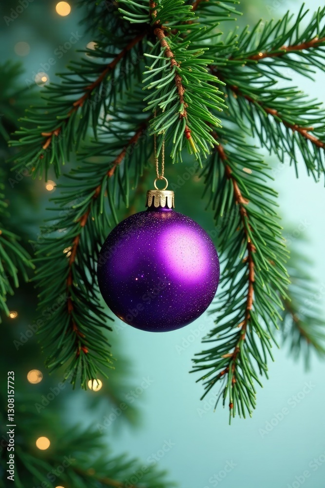 Fototapeta premium Evergreen pine branches intertwined with a purple ball, Christmas tree, pine branch, greenery