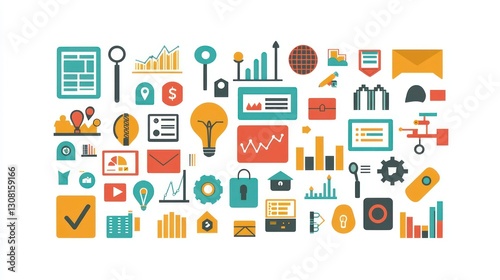 A neatly arranged collection of flat-style business icons on a white background, each representing a key aspect like finance, teamwork, and growth.