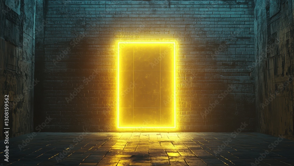 Obraz premium Illuminated Doorway in Dark Urban Space Evoking Mystery and Possibility, Ideal for Themes of Adventure and Exploration in Conceptual Art or Design