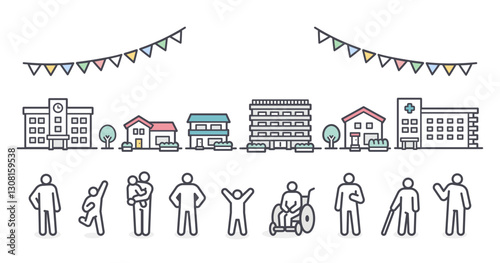 Simple icon illustration of city and people